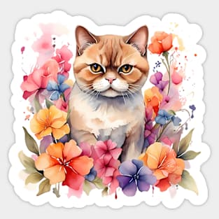 An exotic shorthair cat decorated with beautiful watercolor flowers Sticker